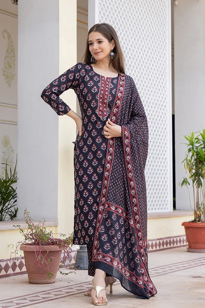 Black Rayon Blend Floral Printed Straight Kurta Set