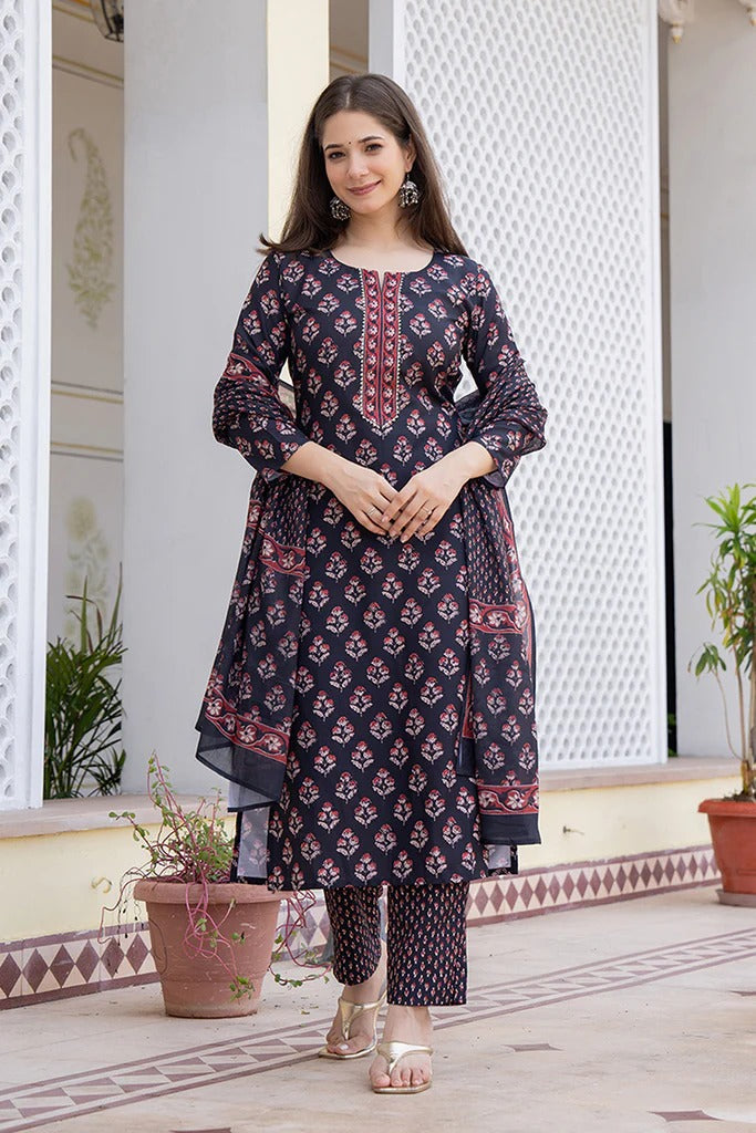 Black Rayon Blend Floral Printed Straight Kurta Set