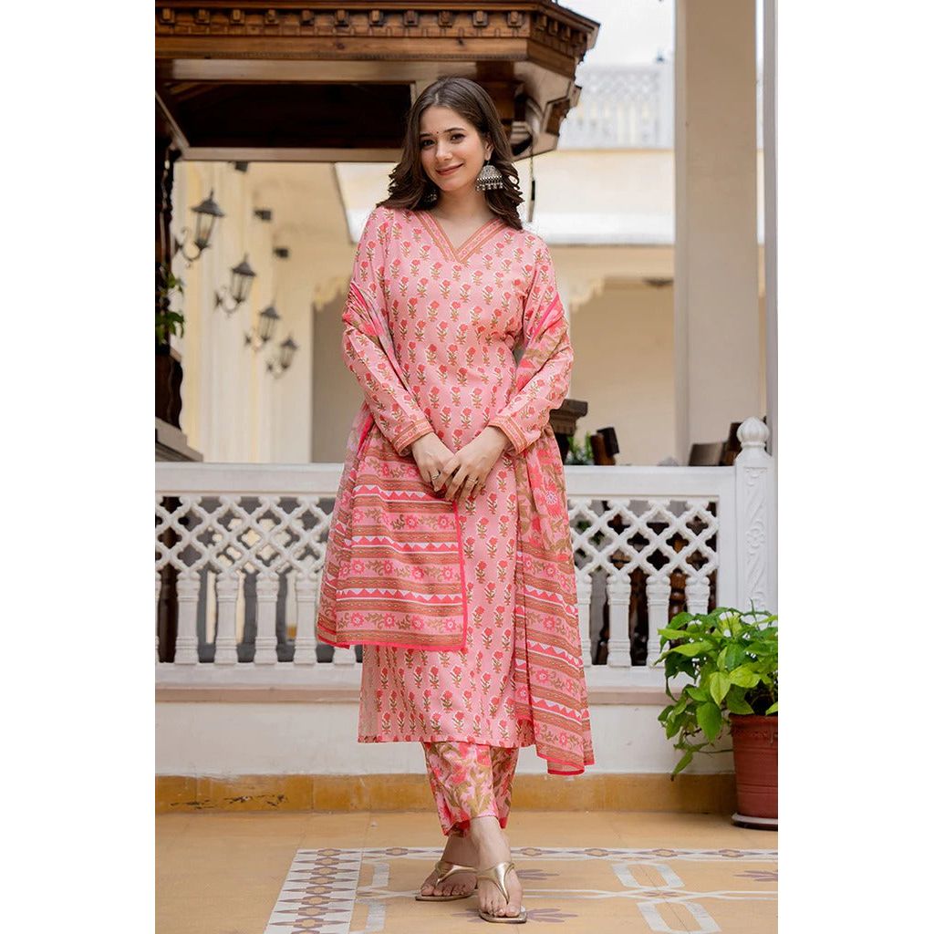 Baby Pink Rayon Blend Floral Printed Straight Kurta Set