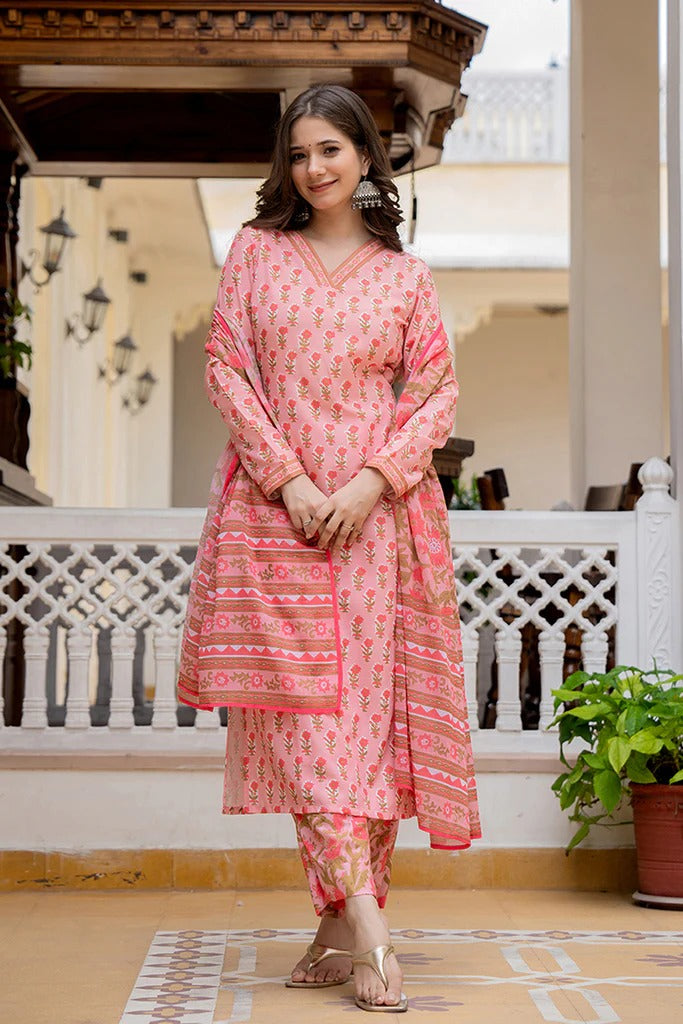 Baby Pink Rayon Blend Floral Printed Straight Kurta Set