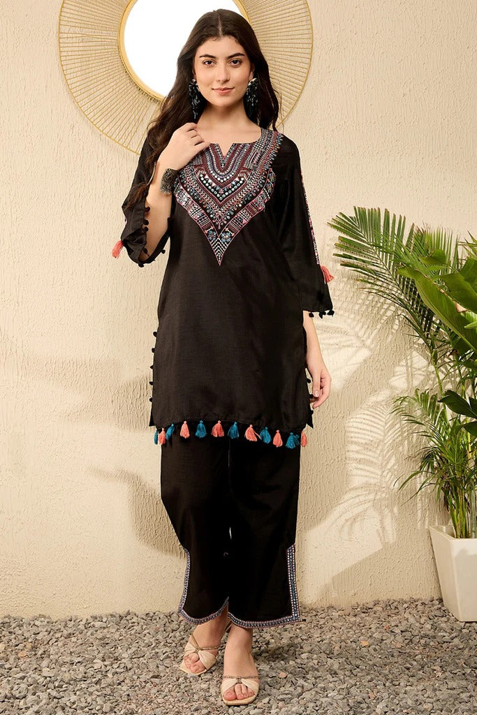 Black Embroidered Viscose Rayon Straight Trouser Bottom Kurta Set