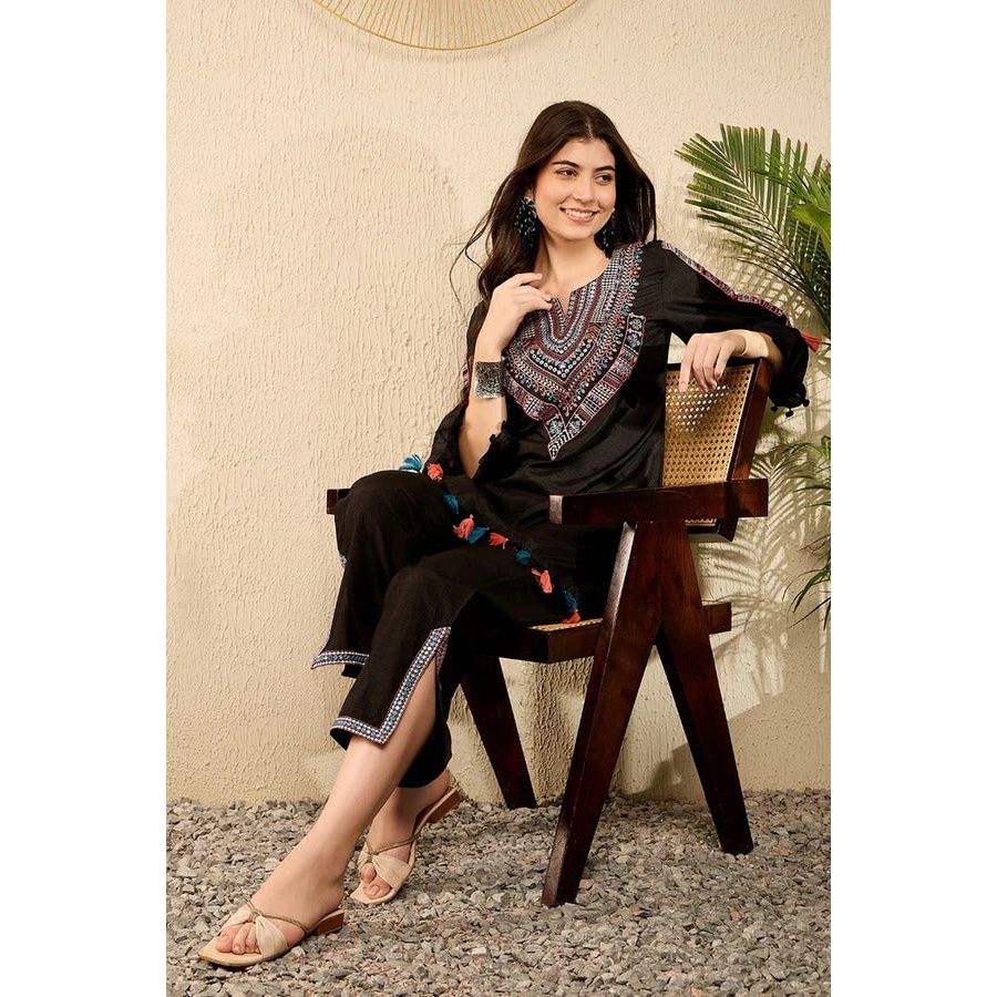 Black Embroidered Viscose Rayon Straight Trouser Bottom Kurta Set