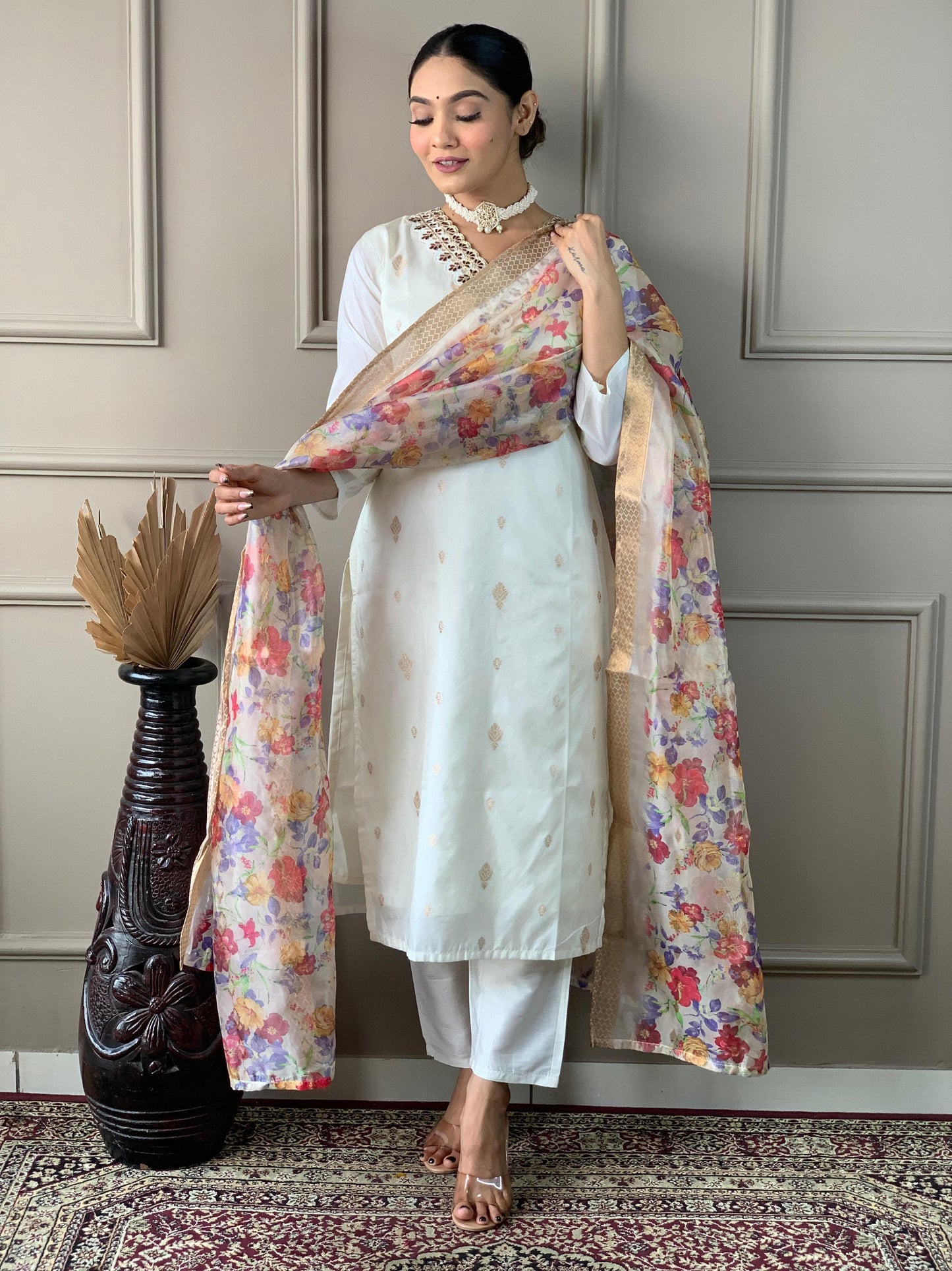 White Kurta Set with Floral Dupatta