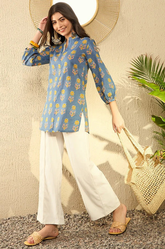 Blue Cotton Blend Floral Printed Regular Tunic