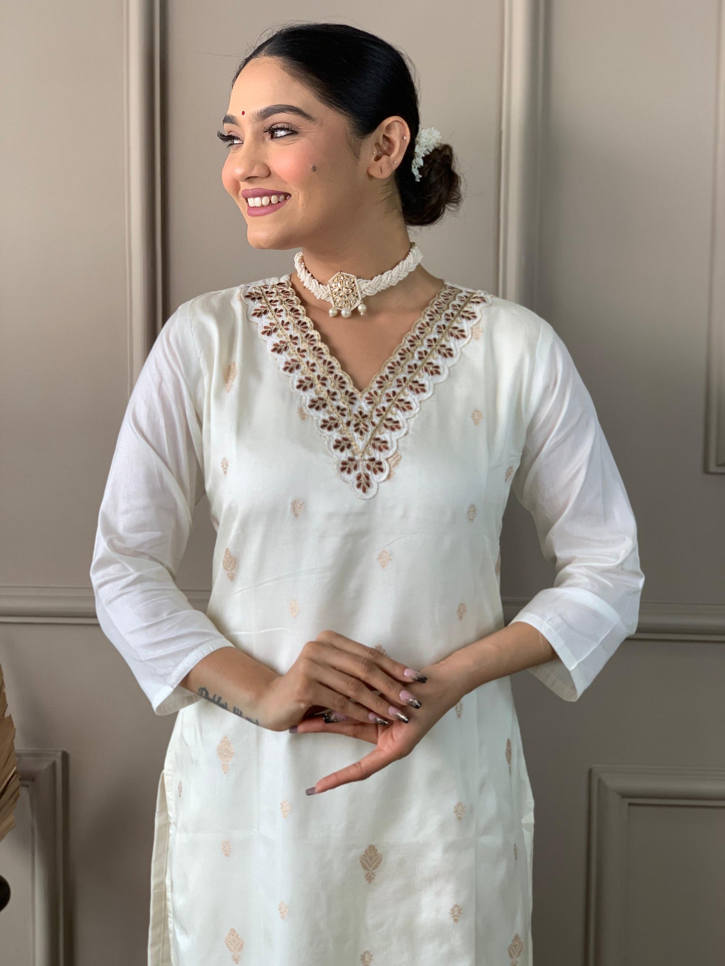 White Kurta Set with Floral Dupatta