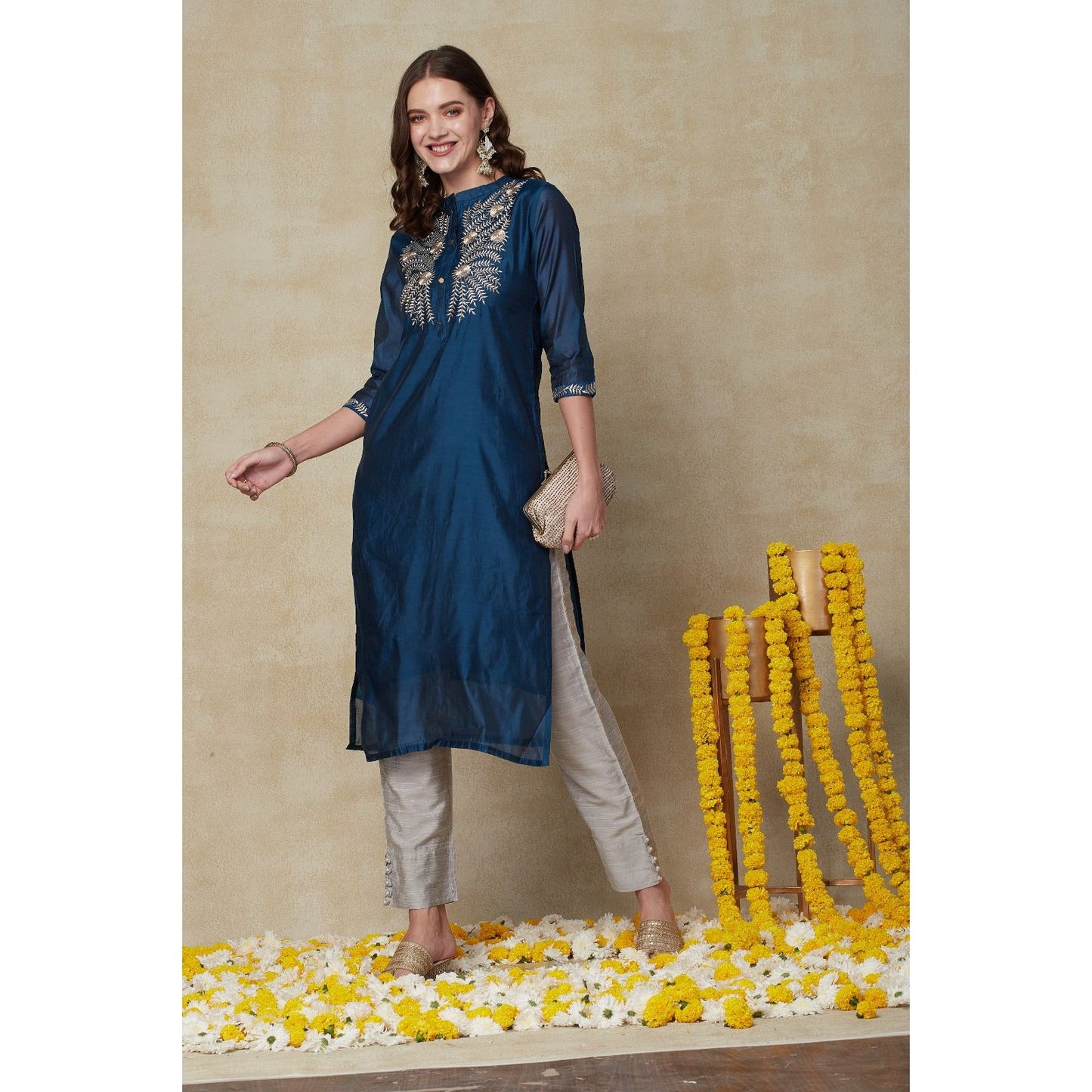 Teal Blue & Grey Festive Wear Kurta Set