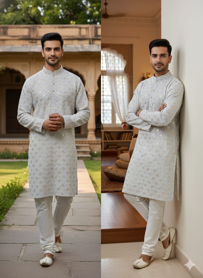 Men’s Chikankari / Sequin Work Kurta Set : Grey