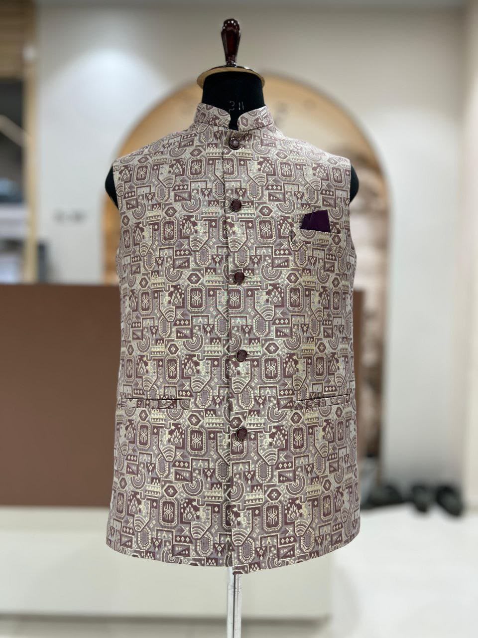 Men's Maroon & Beige Geometric Jacquard Nehru Jacket | Indian Festive & Wedding Wear