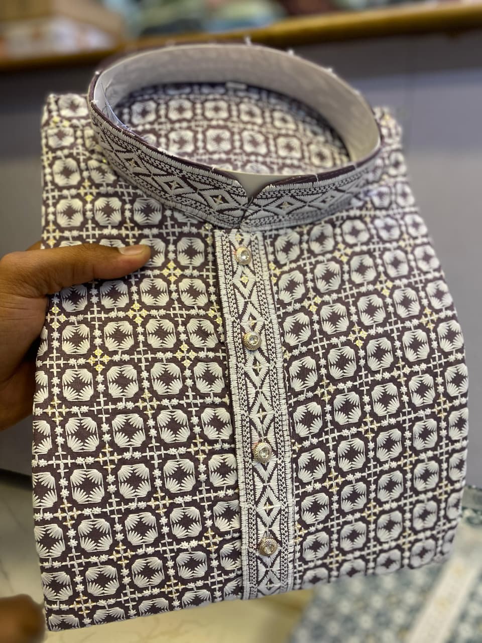 Men’s Chikankari / Sequin Work Kurta Set. : Brown