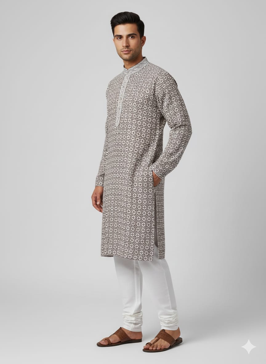Men’s Chikankari / Sequin Work Kurta Set. : Brown