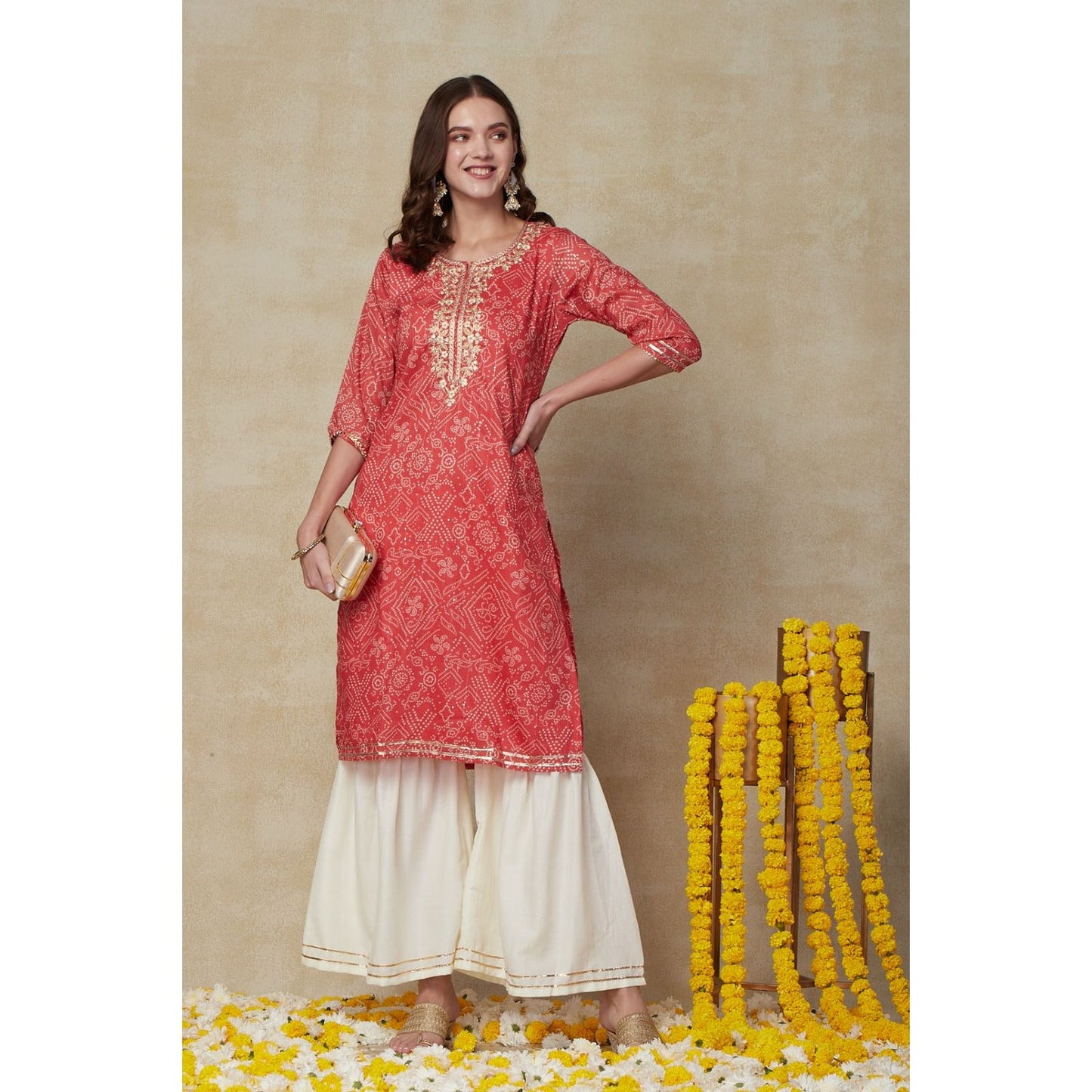 Pink Bandhini Kurta with Gotta Patti work