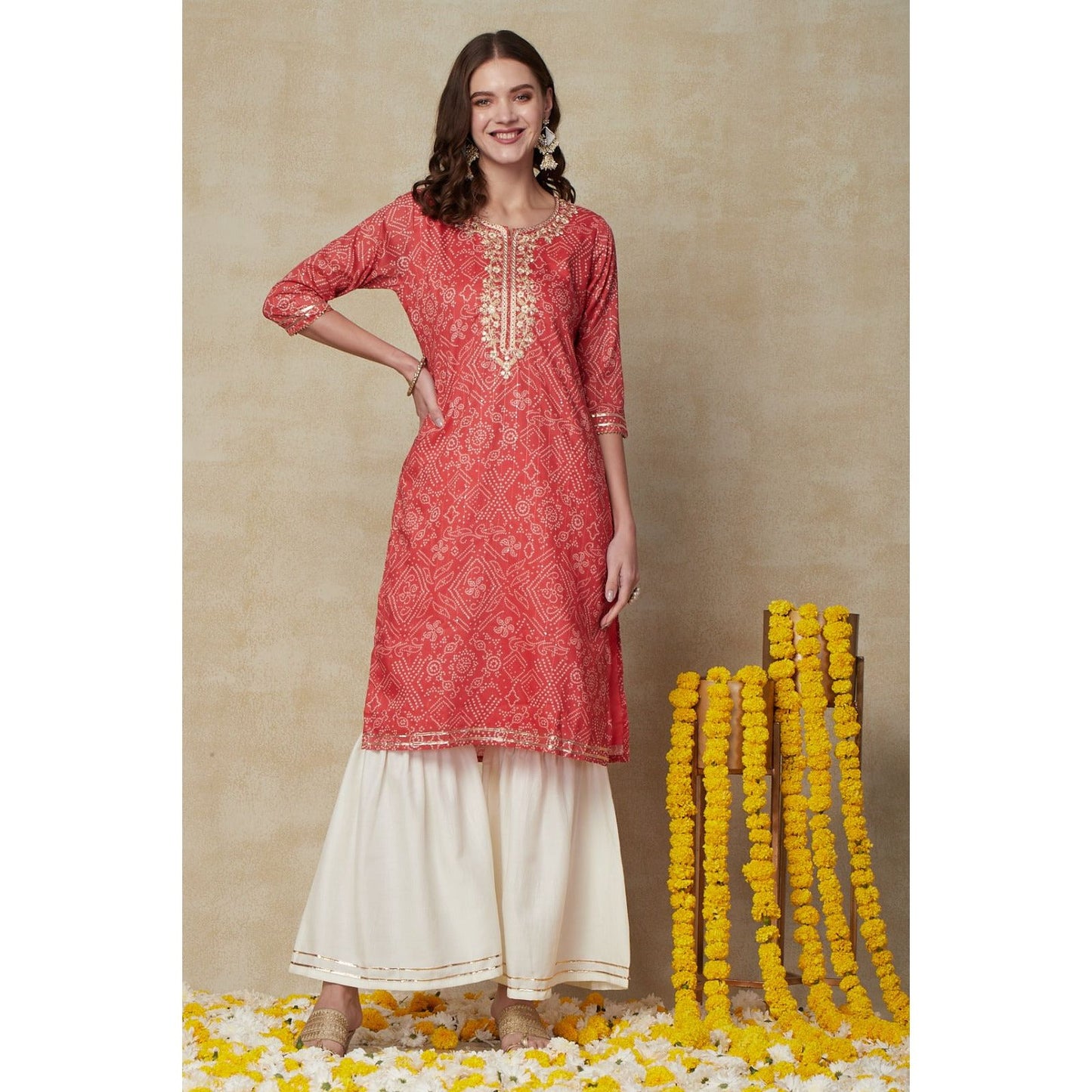 Pink Bandhini Kurta with Gotta Patti work