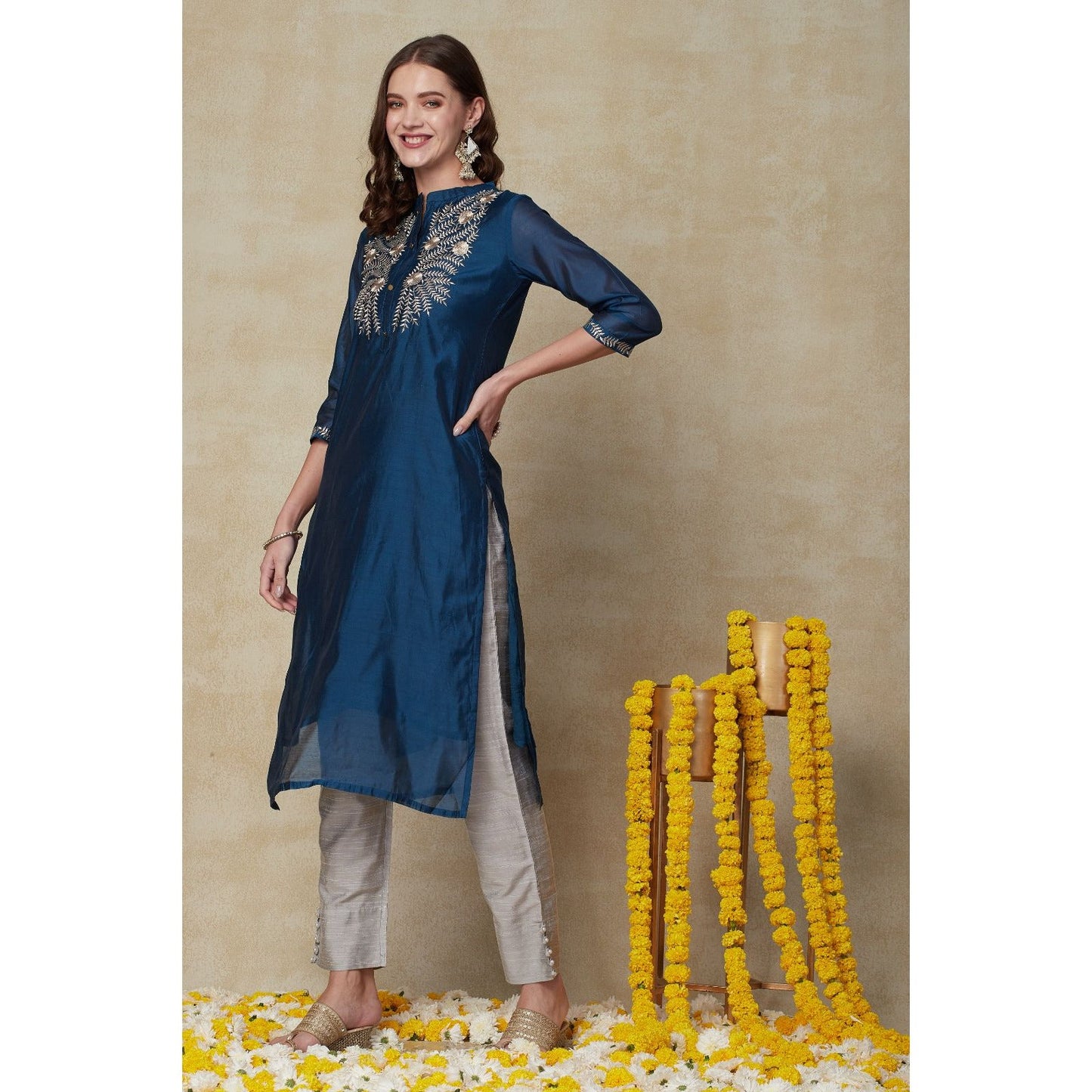 Teal Blue & Grey Festive Wear Kurta Set