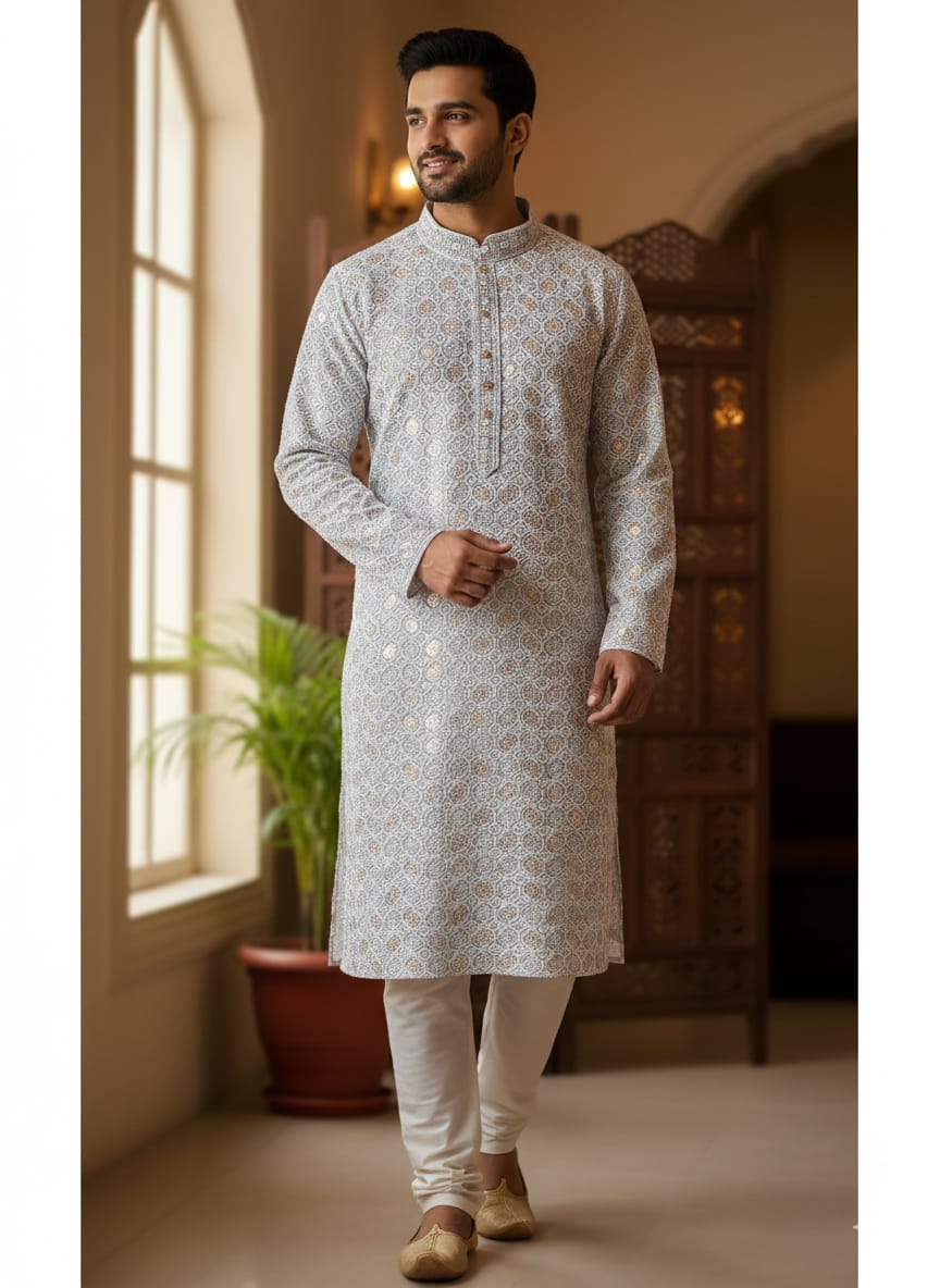 Men’s Chikankari / Sequin Work Kurta Set : Grey