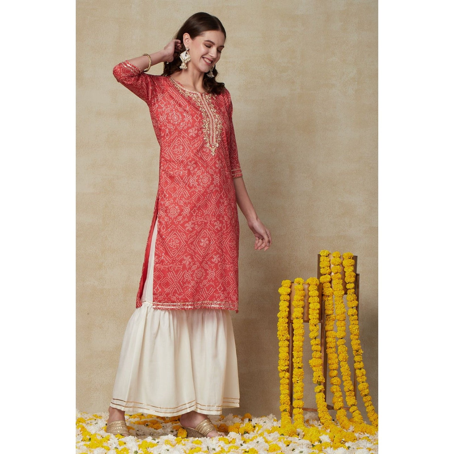 Pink Bandhini Kurta with Gotta Patti work