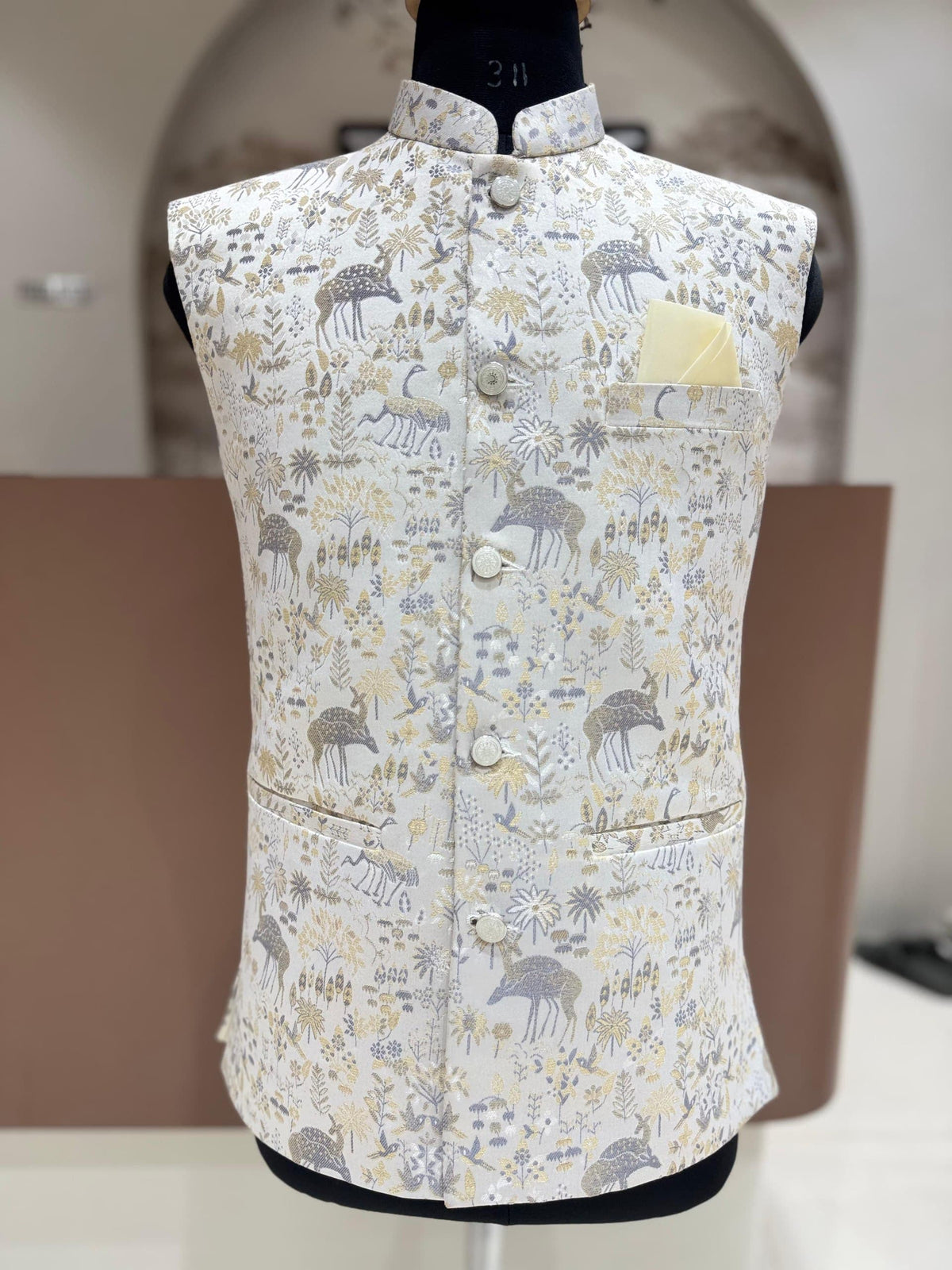 Men's Ivory Forest Motif Jacquard Nehru Jacket | Wedding & Festive Wear