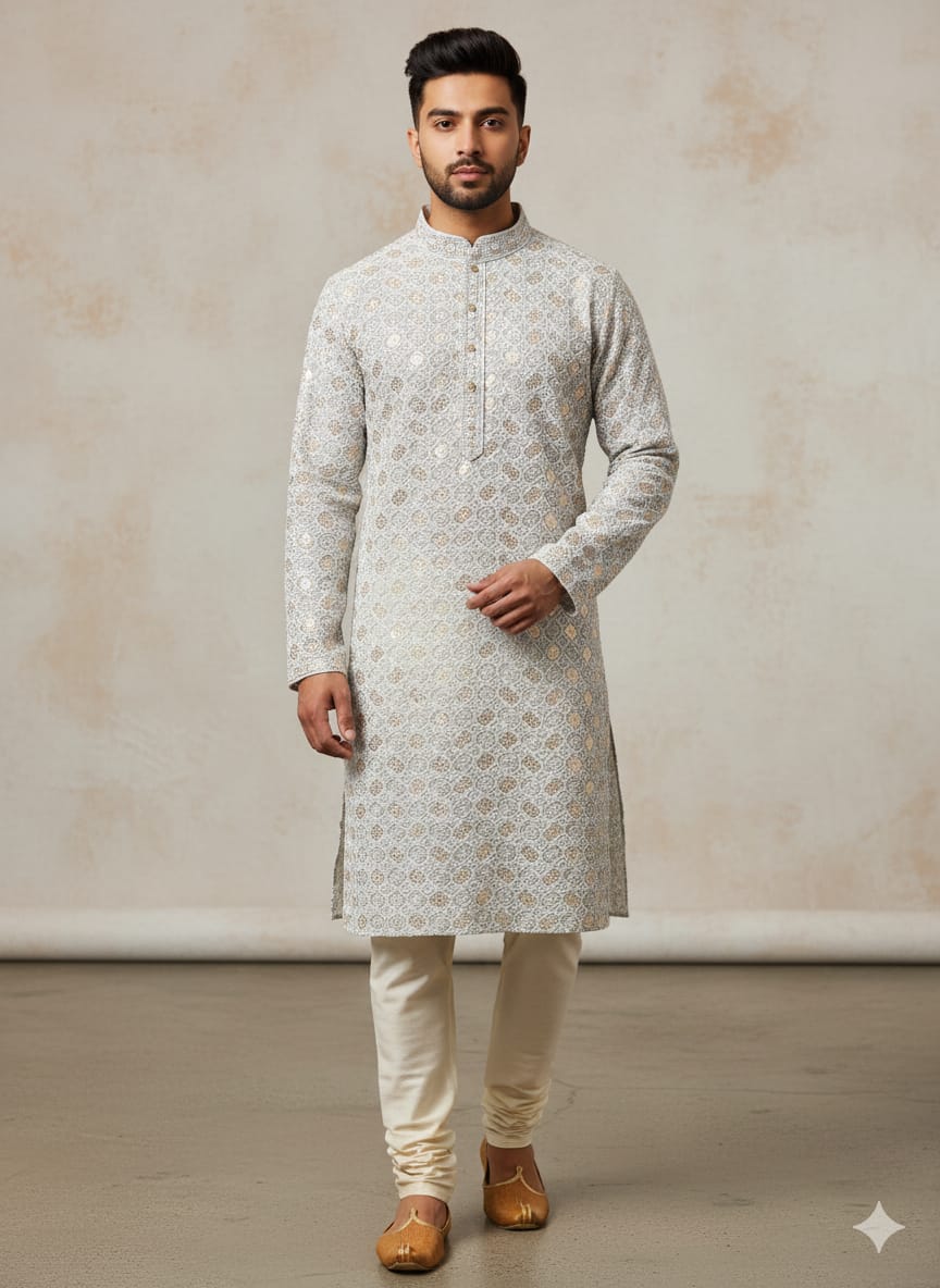Men’s Chikankari / Sequin Work Kurta Set : Grey