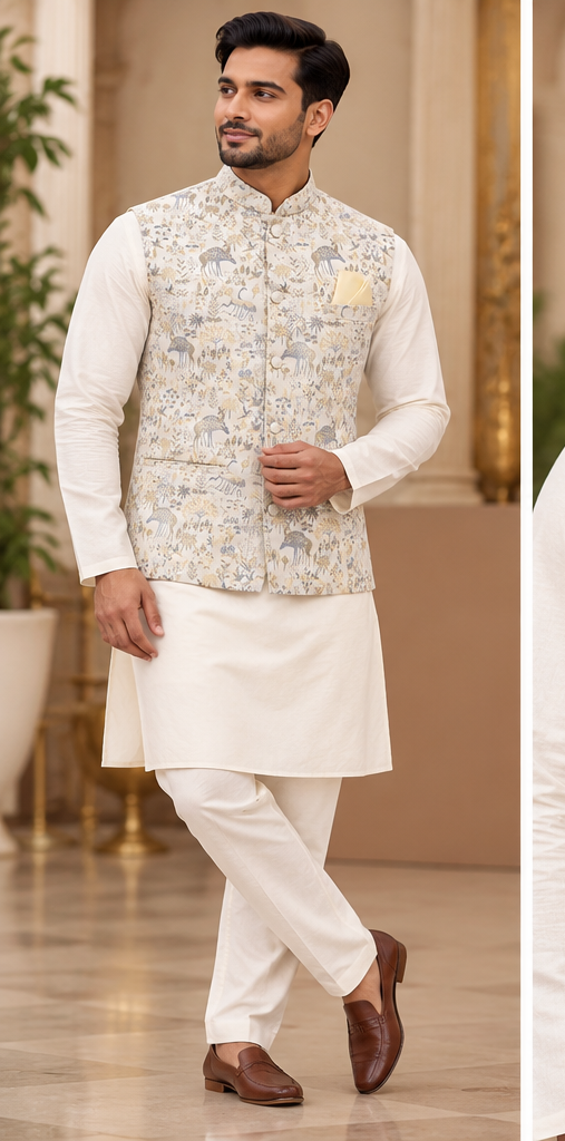 Men's Ivory Forest Motif Jacquard Nehru Jacket | Wedding & Festive Wear