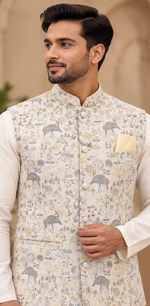 Men's Ivory Forest Motif Jacquard Nehru Jacket | Wedding & Festive Wear