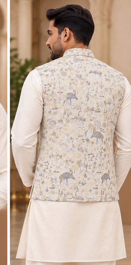 Men's Ivory Forest Motif Jacquard Nehru Jacket | Wedding & Festive Wear