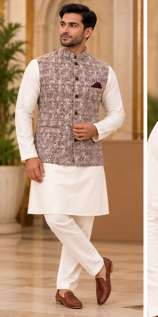 Men's Maroon & Beige Geometric Jacquard Nehru Jacket | Indian Festive & Wedding Wear