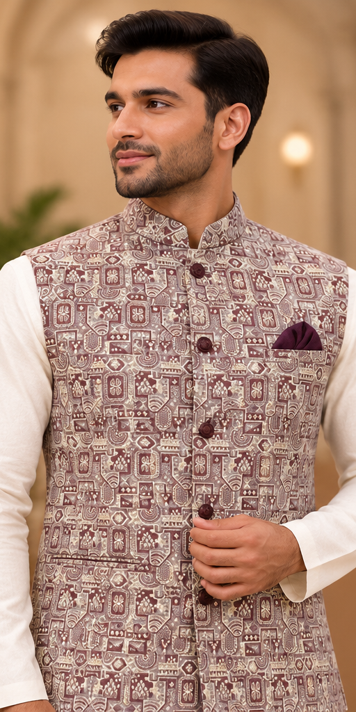 Men's Maroon & Beige Geometric Jacquard Nehru Jacket | Indian Festive & Wedding Wear