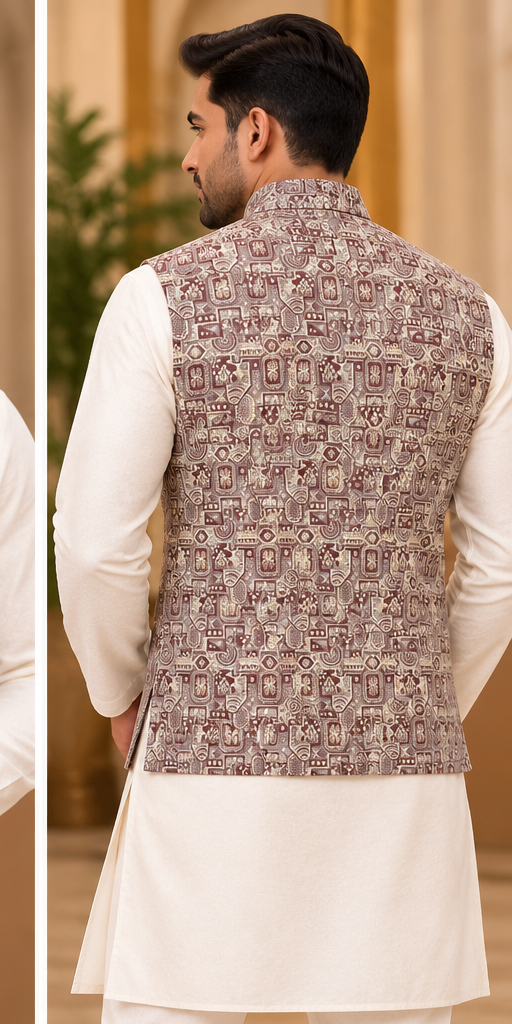 Men's Maroon & Beige Geometric Jacquard Nehru Jacket | Indian Festive & Wedding Wear