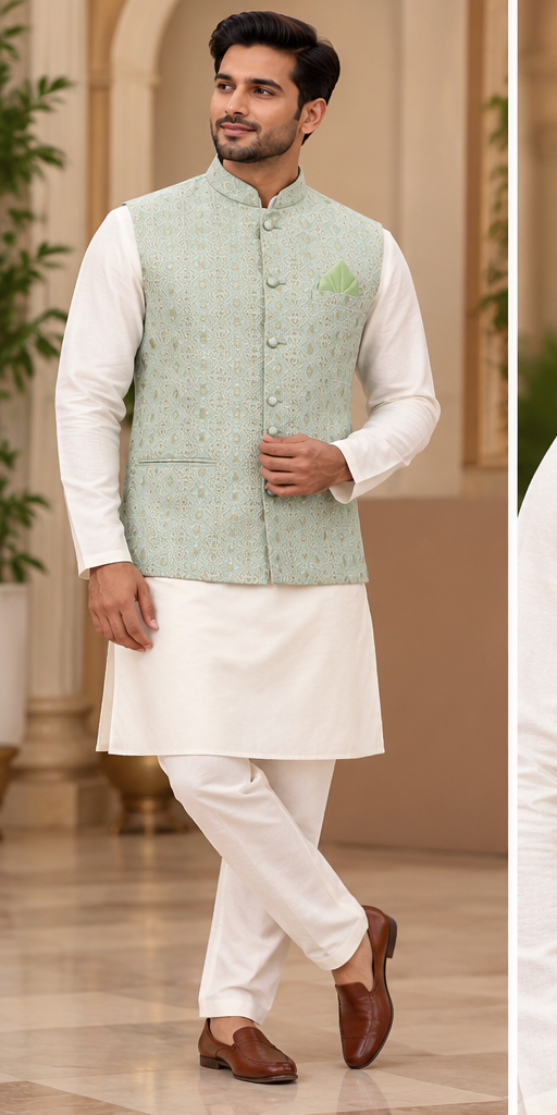 Men's Mint Green Jacquard Nehru Jacket| Festive & Wedding Wear