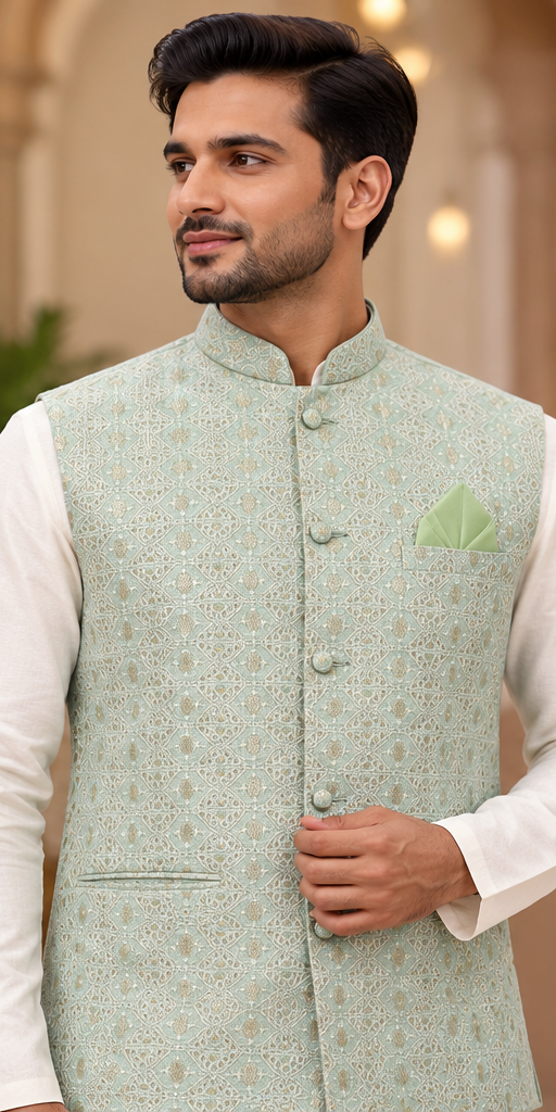 Men's Mint Green Jacquard Nehru Jacket| Festive & Wedding Wear