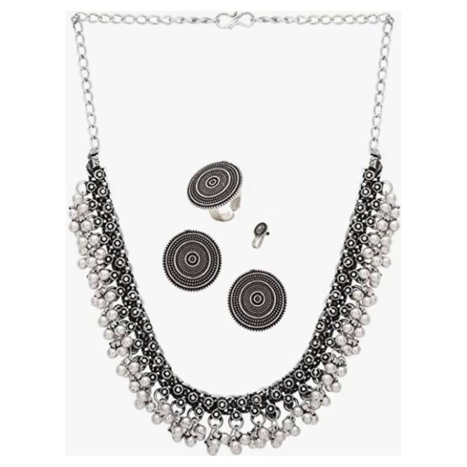 Oxidized German Silver Choker Necklace, Earrings with Nose Pin and Ring Combo Set for Women