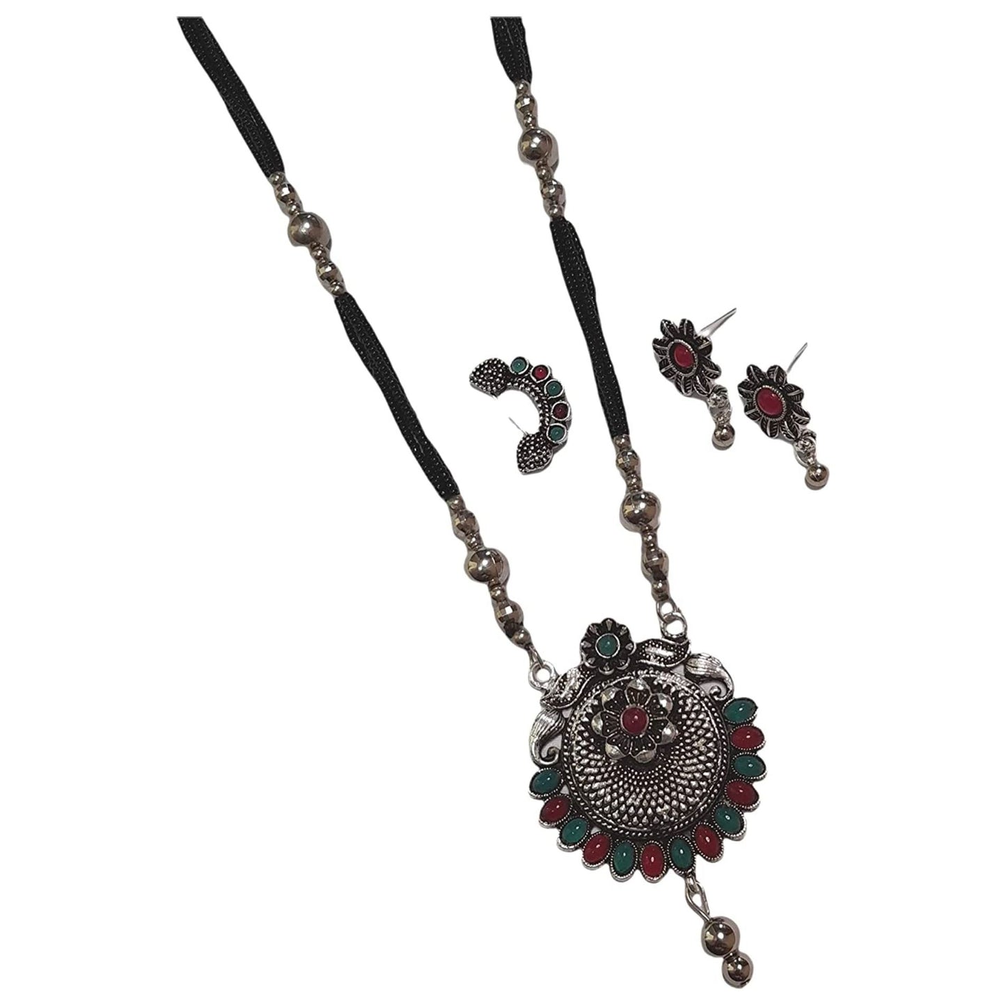 Black beads Oxidized Set With Earring And Nosepin Combo Jewellery Set