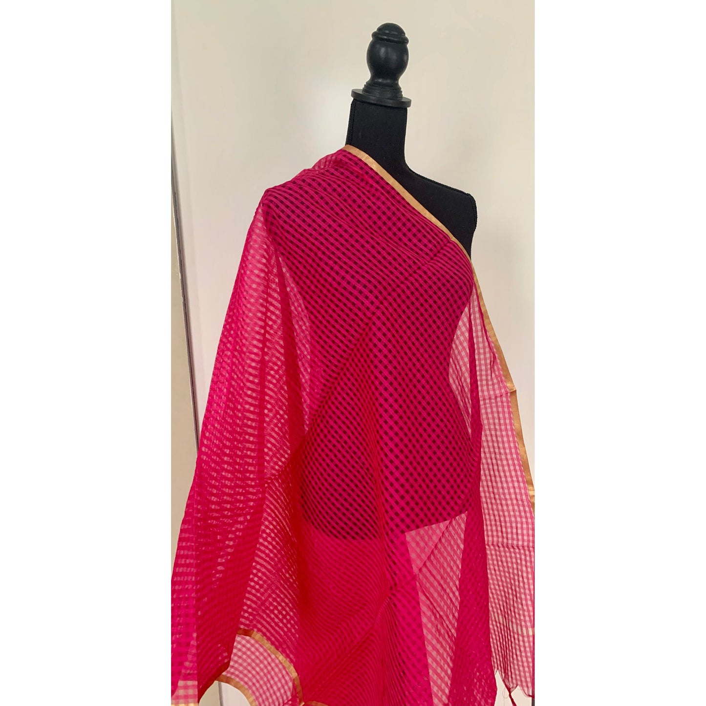 Pink Dupatta with Self Design and Gold Border