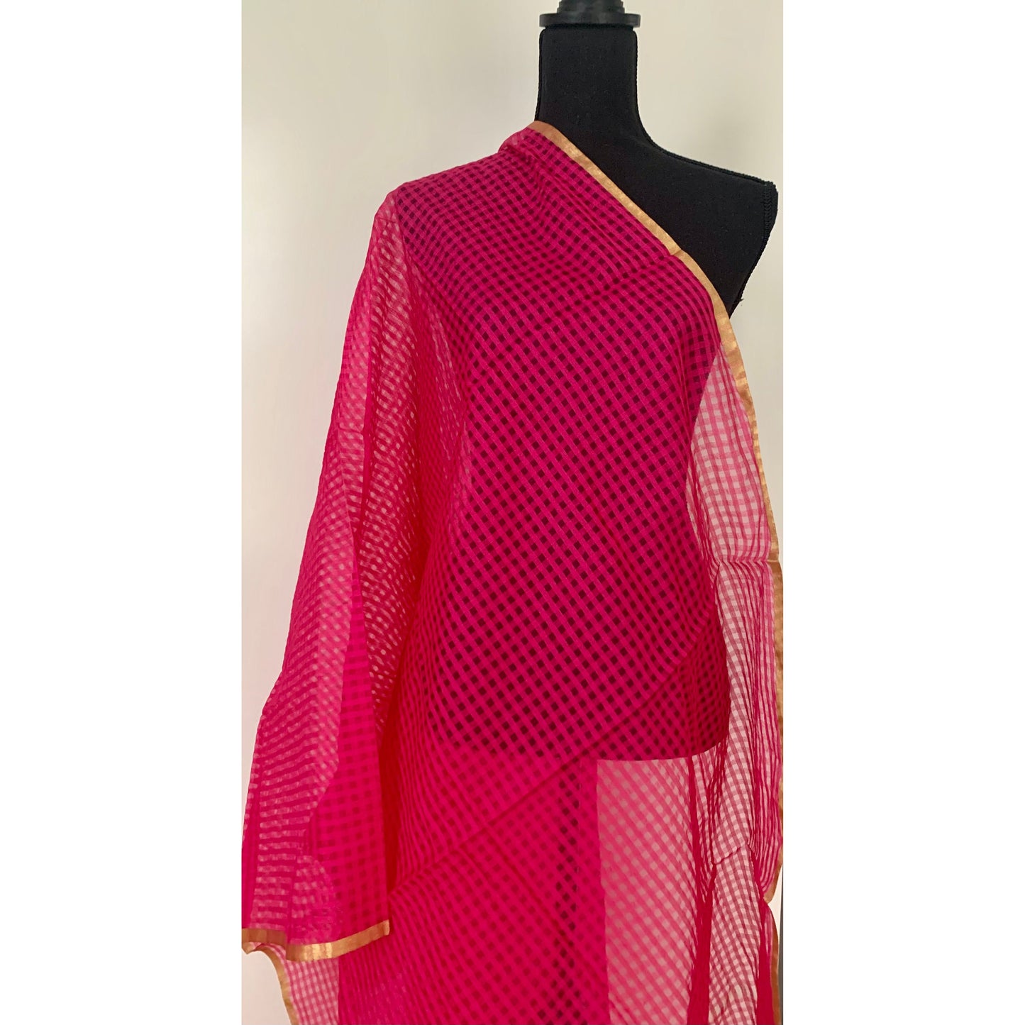 Pink Dupatta with Self Design and Gold Border