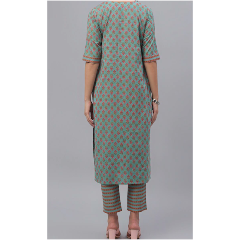 Cotton Kurta Set : Bottle Green Indian Kurta with pink floral prints and Trousers