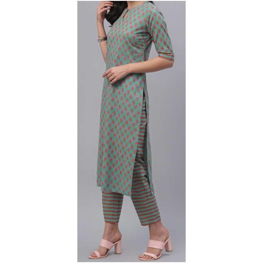 Cotton Kurta Set : Bottle Green Indian Kurta with pink floral prints and Trousers